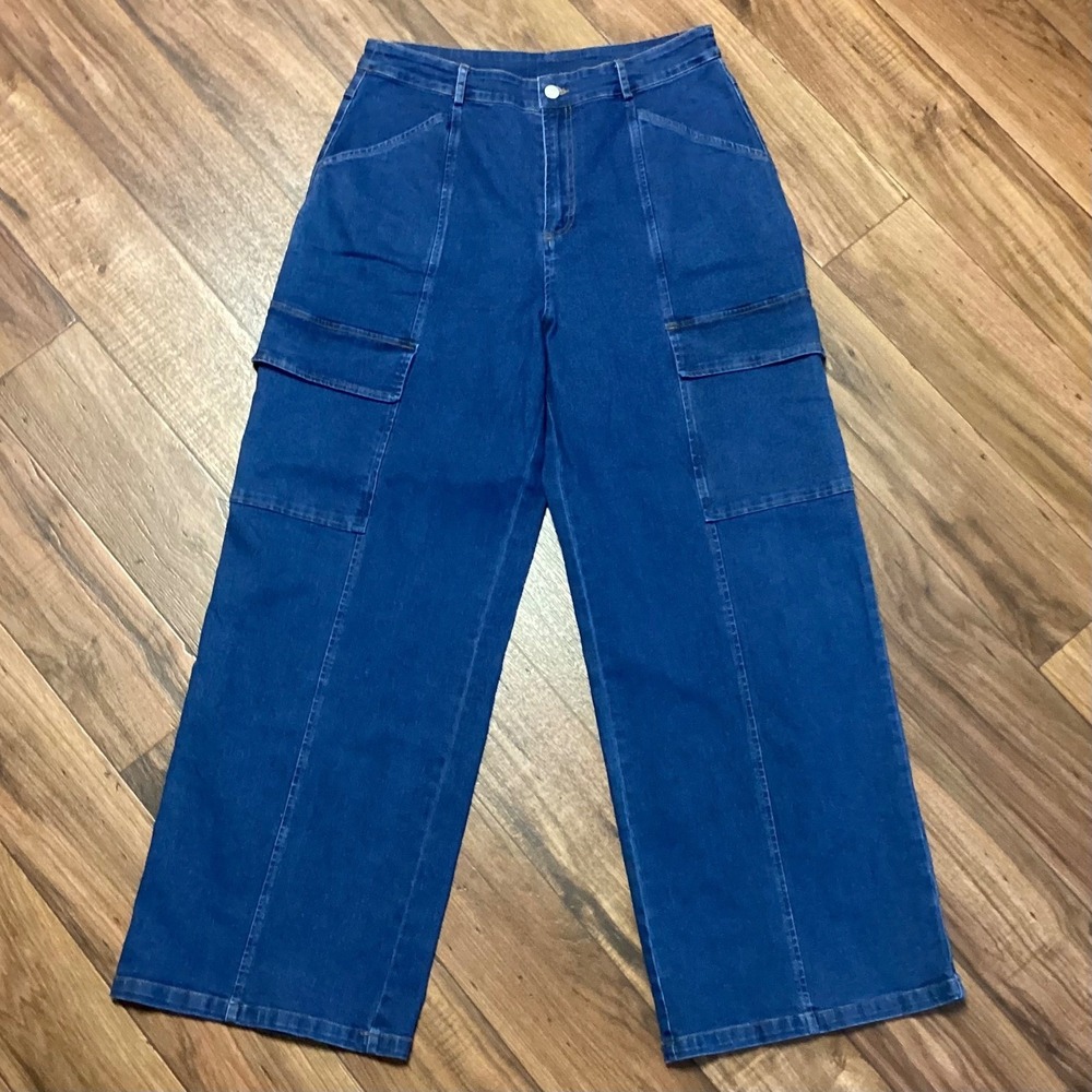 SugarLips Daze Denim Cargo Wide Leg Pants Mid-Blue Size Large - Picture 12 of 12